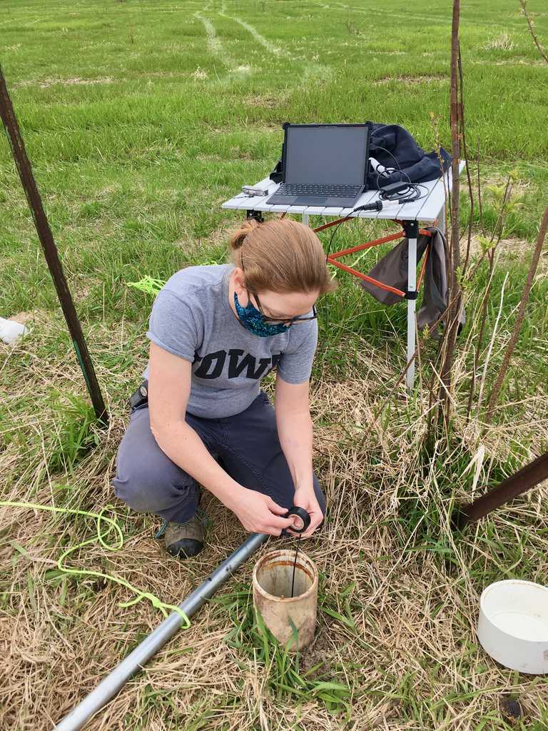Jessie Meyer collecting well measurements - spring 2021