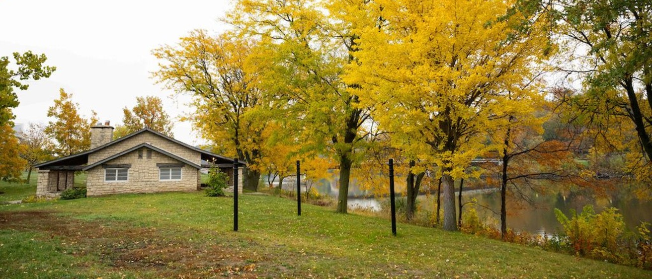 Lagoon Shelter House with trees in fall colors
